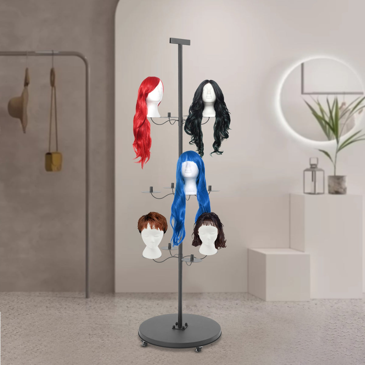 12-Head Wig Display Stand with Wheels - Black Iron Storage Rack for Wigs