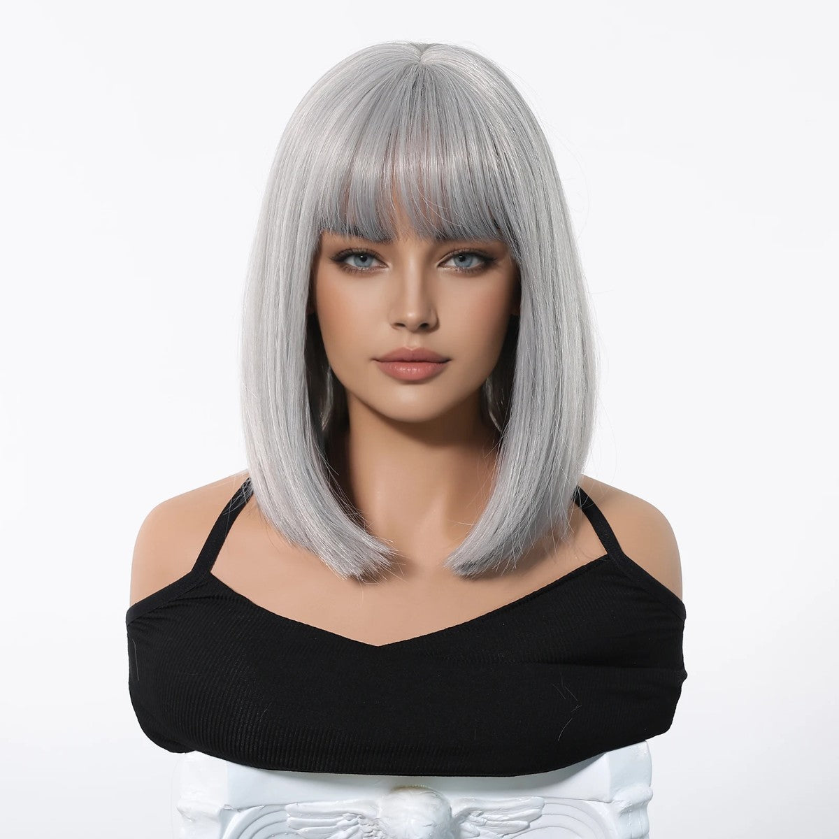 Grey Synthetic Halloween Costume Wig with Bangs - Bob Style
