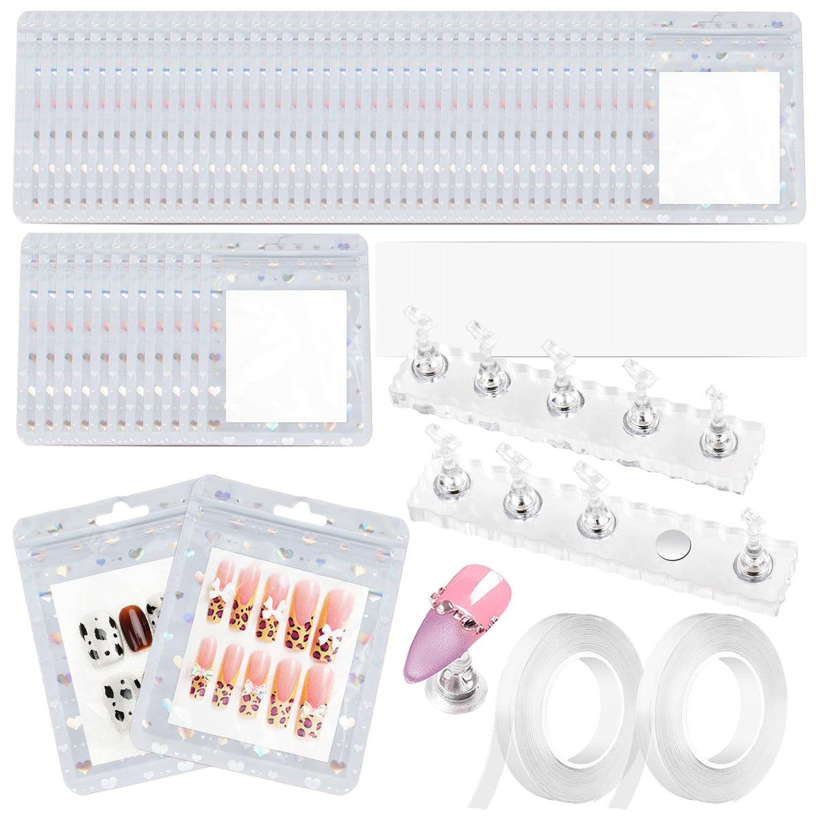 Nail Art Display Kit — 50 Nail Bags, Nail Stand & Cardboards for Press-On Showcases