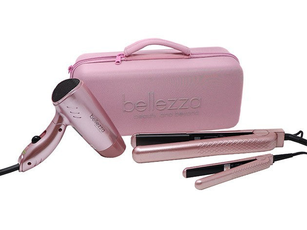 Travel Hair Dryer and Flat Iron Set - Dual Voltage Mini Blowout Kit with Carrying Case