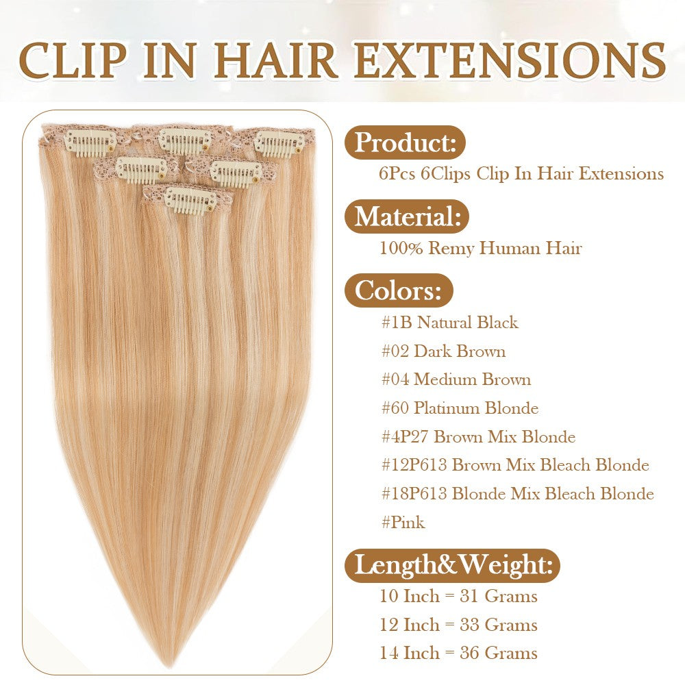 Clip-In Hair Extensions 100% Remy Human Hair - Multiple Colors & Lengths