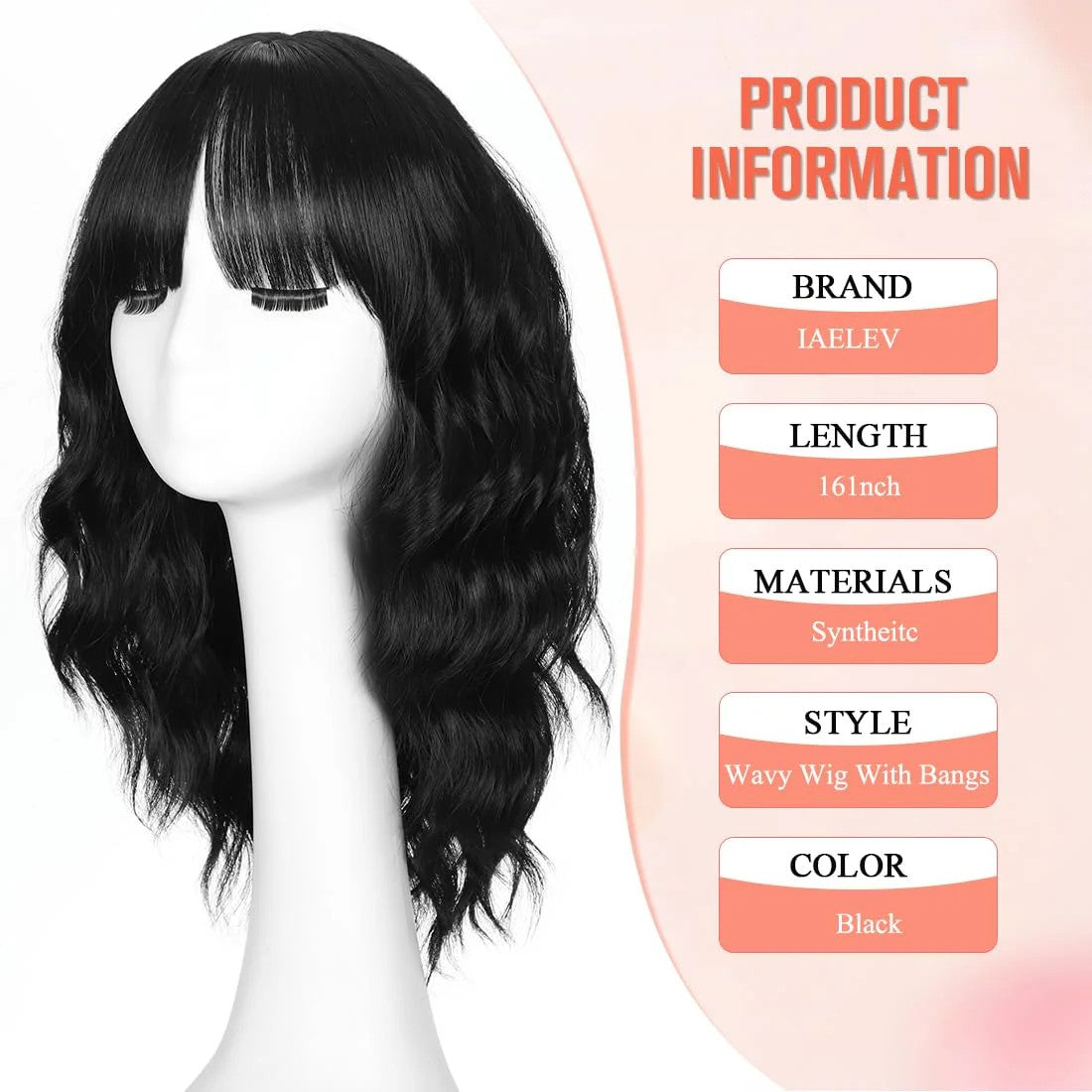 16 Inch Black Wigs for Women with Bangs - Shoulder Length Synthetic Hair
