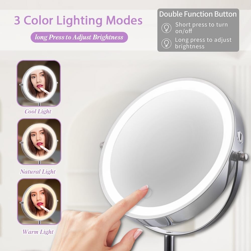 Rechargeable 8-Inch Lighted 1X/10X Magnifying Makeup Mirror with Chrome Finish