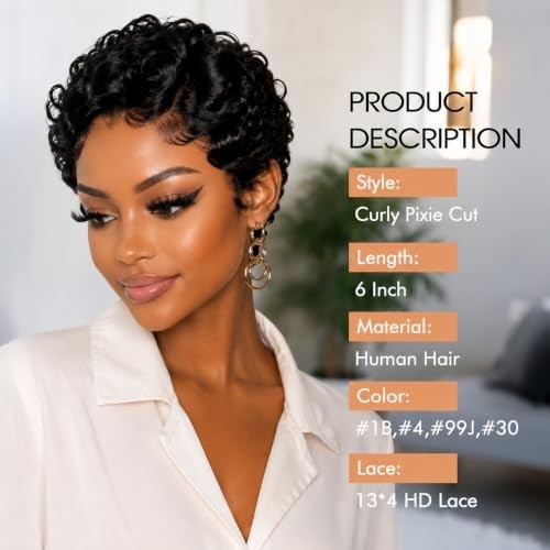Short Curly Human Hair Wig with 13x4 Lace Front for Women - Natural Black