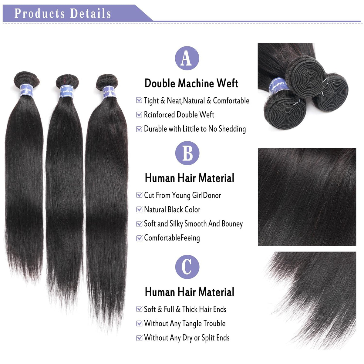 12A Human Hair Bundles - 3 Straight Brazilian Virgin Hair 14-18 Inch