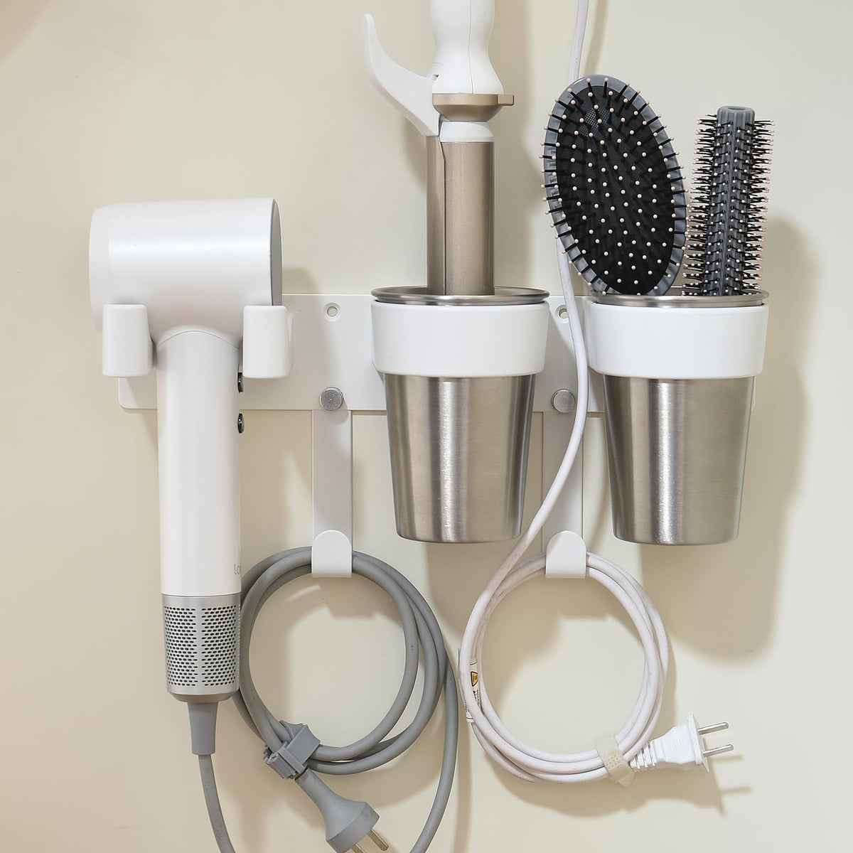 Wall Mount Hair Tool Organizer with Hooks and Stainless Steel Cup