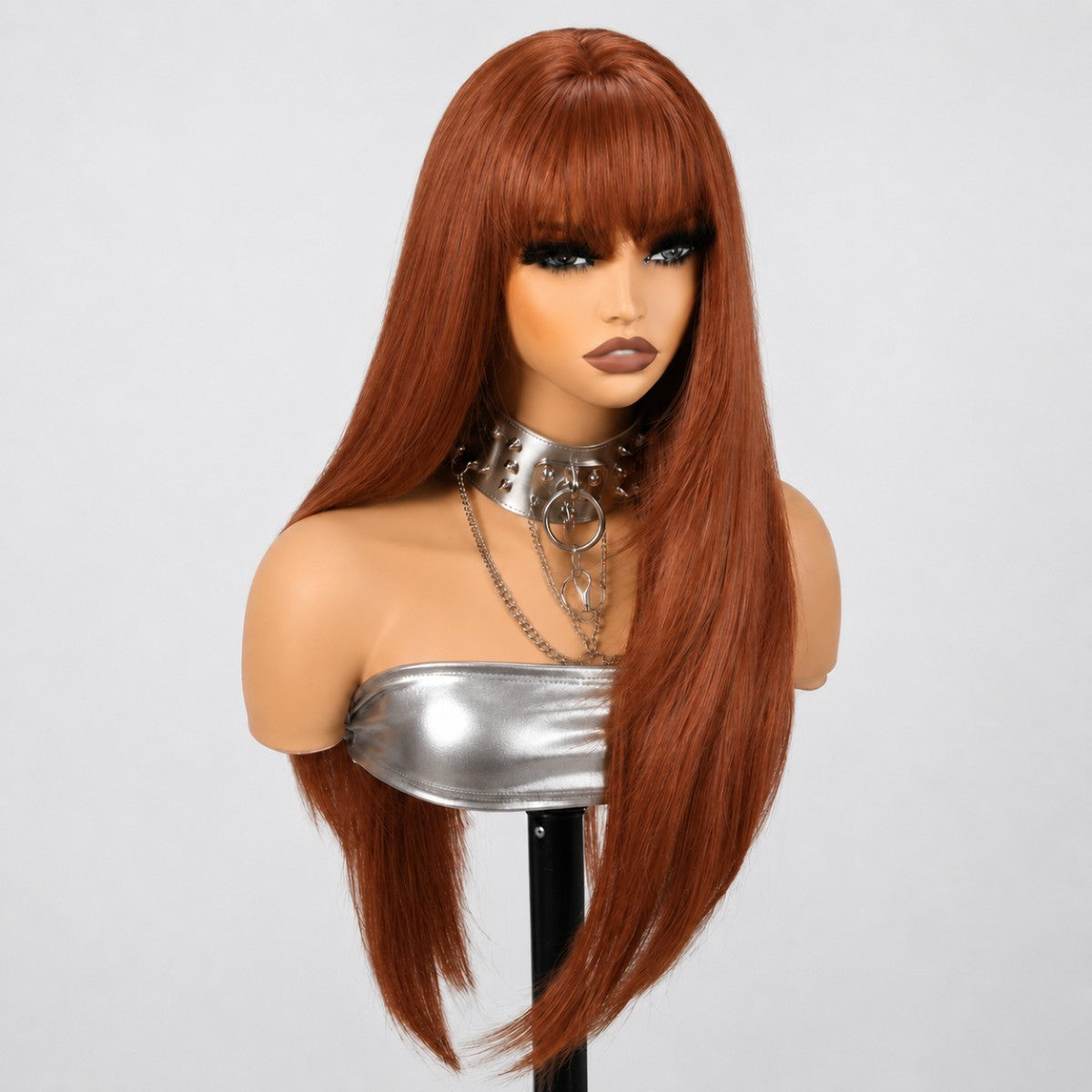 Copper Red Synthetic Long Straight Wig with Bangs for Cosplay & Parties