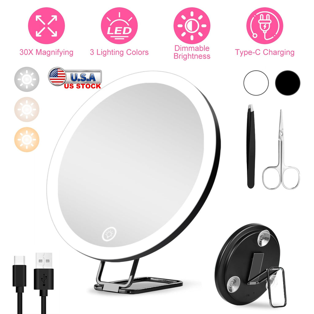 30X Magnifying Lighted Makeup Mirror with 3 Color LEDs – Adjustable Brightness