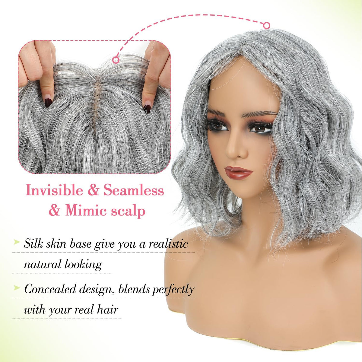 11-Inch Short Wavy Hair Topper for Thinning Hair with Clip-In Base - Natural Synthetic, Silver Grey
