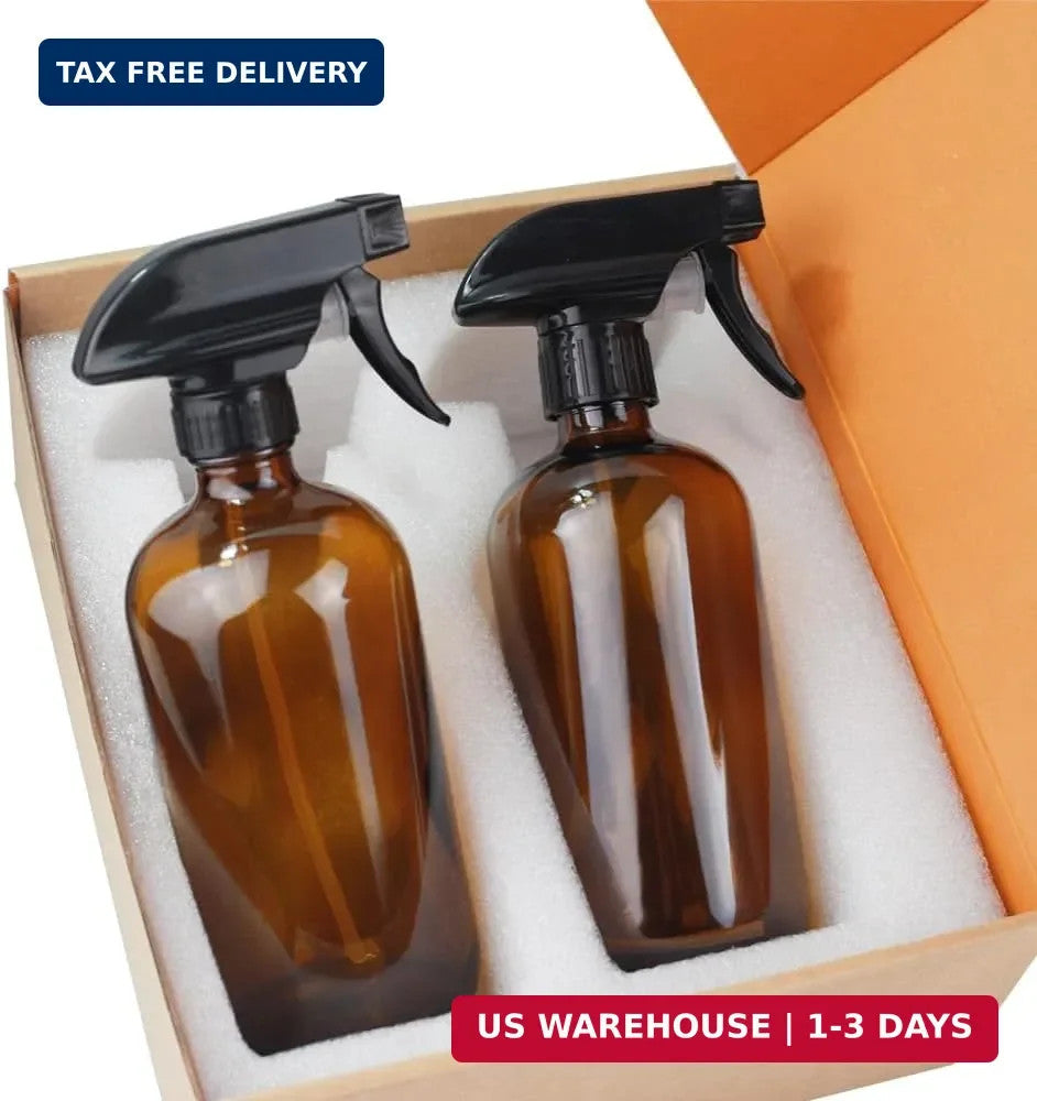 16oz Amber Glass Spray Bottles Refillable for Plants & Cleaning - 2 Pack