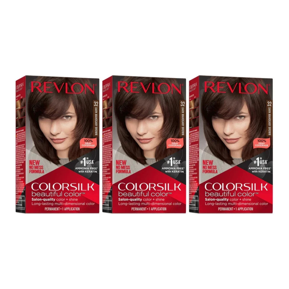 (Pack of 3) Revlon ColorSilk Permanent Hair Color #32 Dark Mahogany Brown