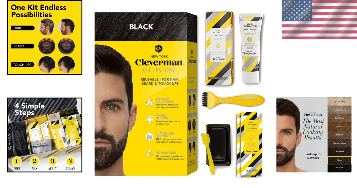 Vegan Hair & Beard Dye for Men - Ammonia-Free Black, Salon Quality