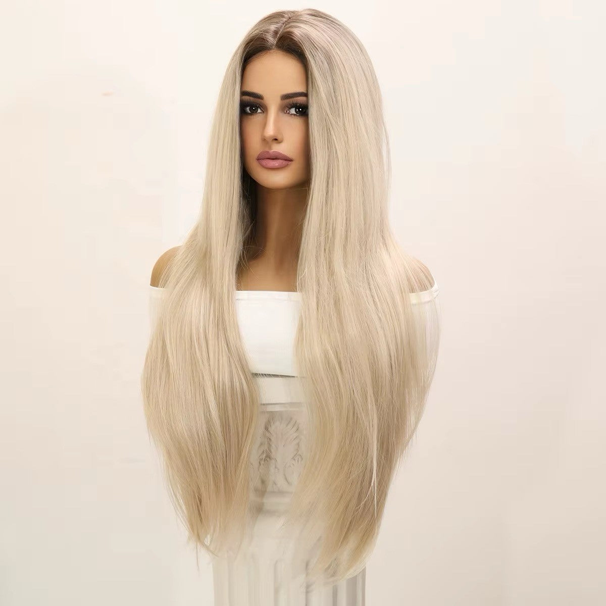 Women's 34-Inch Straight Blonde Wig with Dark Brown Roots Costume Hair Extension