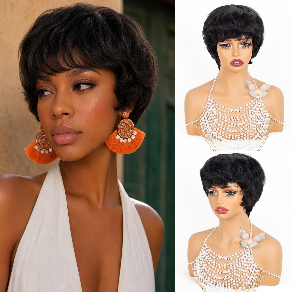 Short Layered Pixie Wig for Black Women - 100% Human Hair Wavy Style