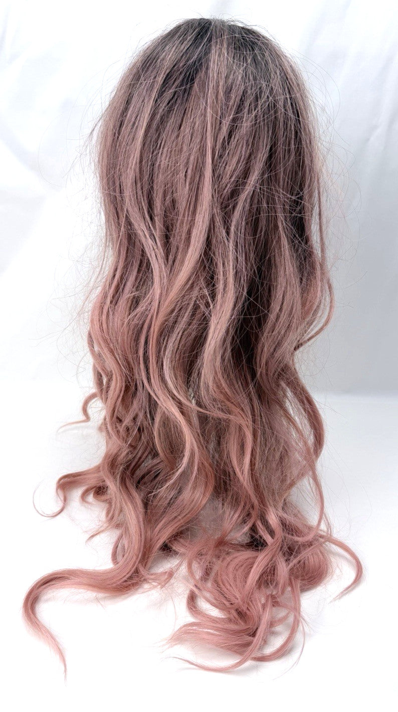 Long Pink Ombre Wavy Wig 26 Inch Synthetic Hair with Middle Part & Adjustable Cap