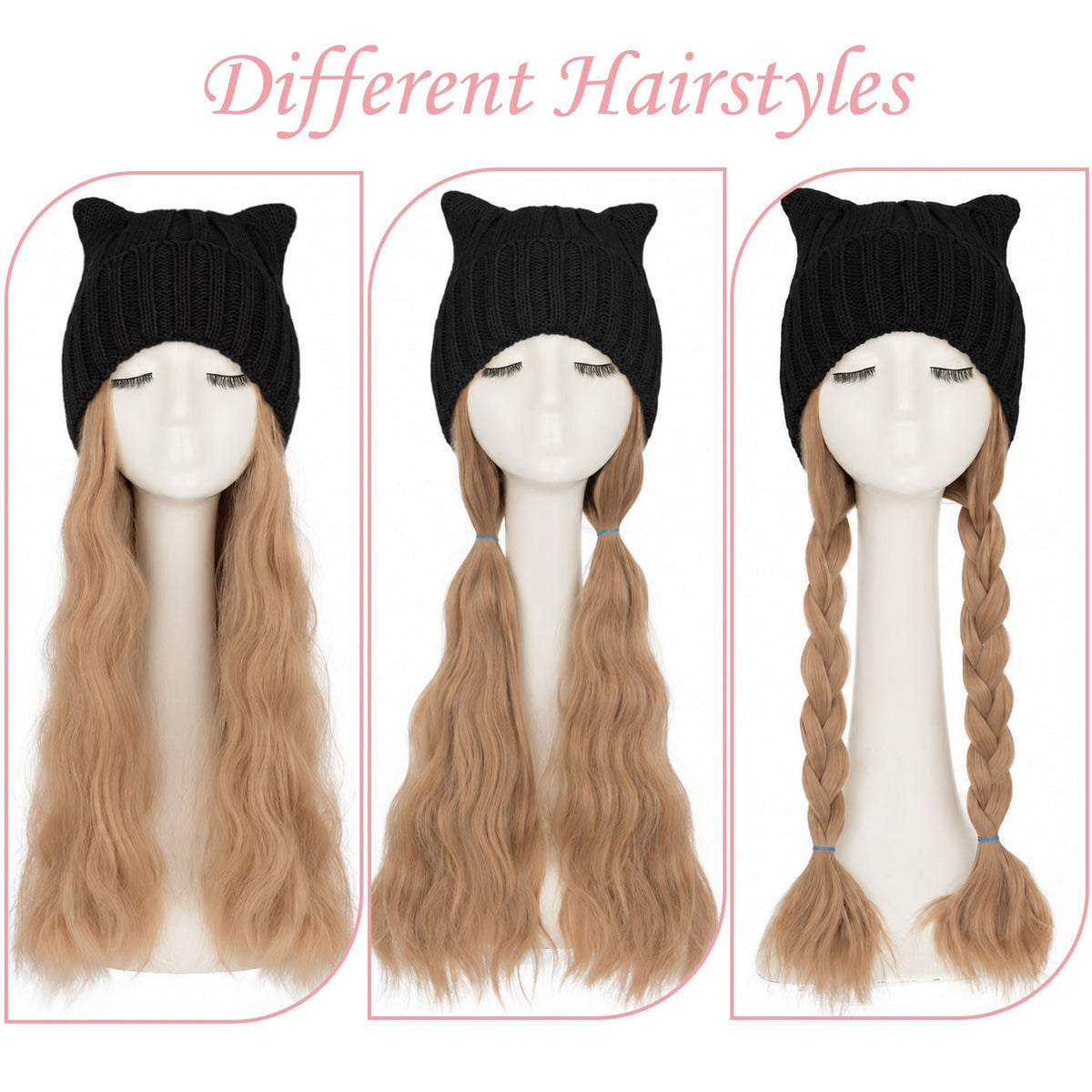 Women’s Winter Cat Ear Knit Hat Wig with Long Water Wave Synthetic Hair - All Colors