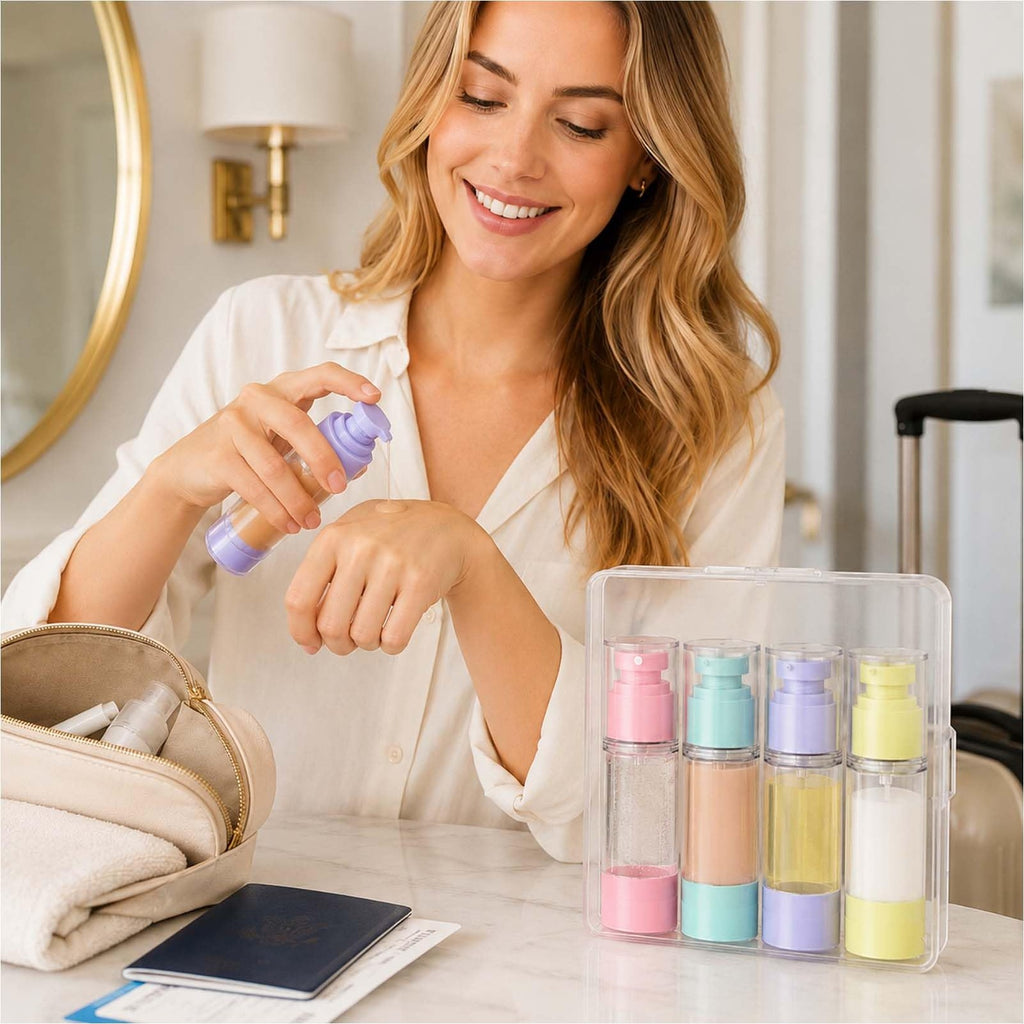 4 Pack Travel Airless Pump Bottles - Leakproof 1 oz Cosmetic Dispensers for Toiletries