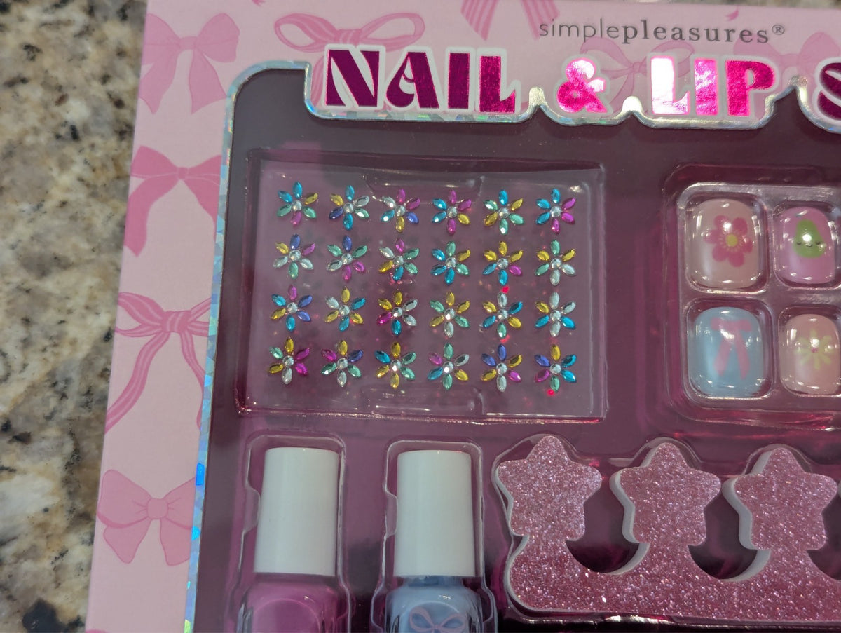 Nail & Lip Set with Press-On Nails, Polishes, Gems & Lip Balms