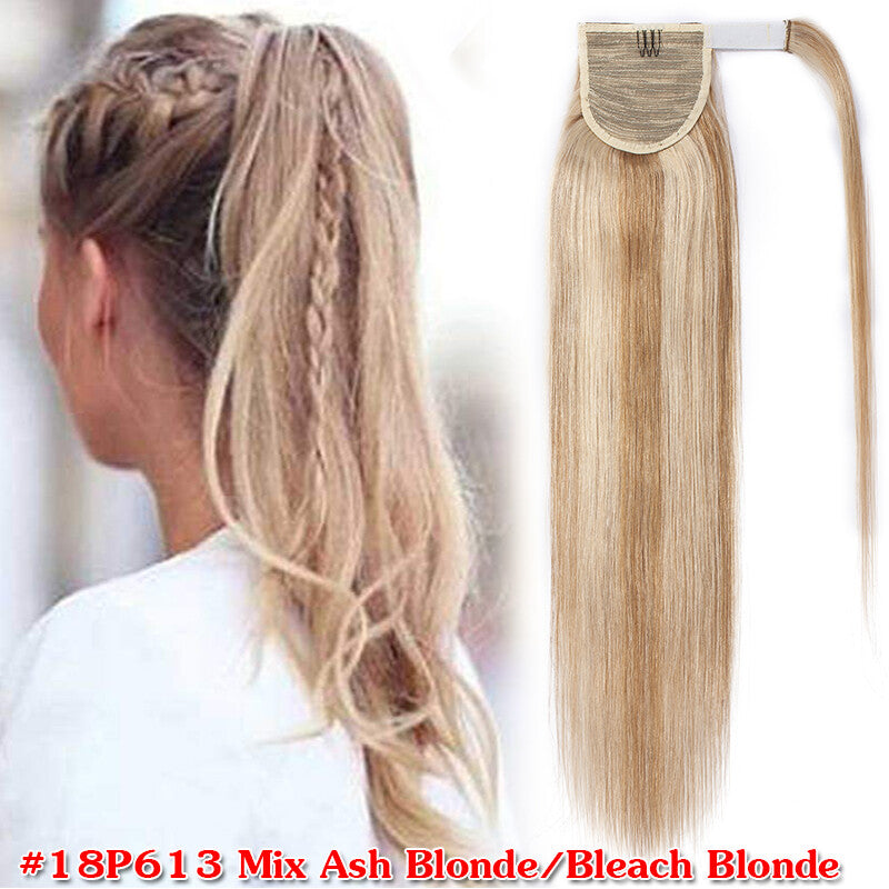 Clip-In Human Hair Ponytail Extensions Wrap Around Thick Hairpiece