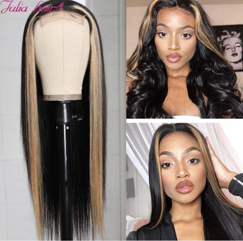 Blonde Ombre Lace Front Human Hair Wig 22 Inch T27 Highlight Straight Style