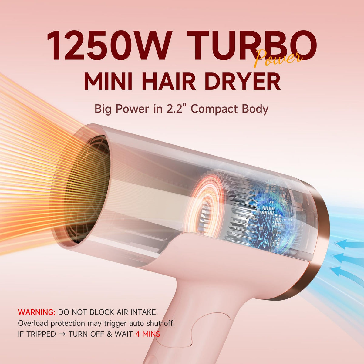 1250W Dual Voltage Foldable Travel Hair Dryer with Concentrator & Diffuser
