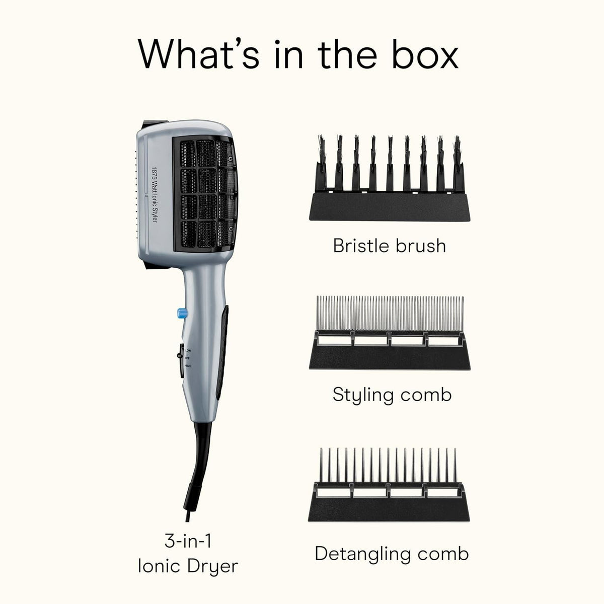 3-in-1 Ionic Hair Dryer with Attachments - 1875W Travel Styling Tool