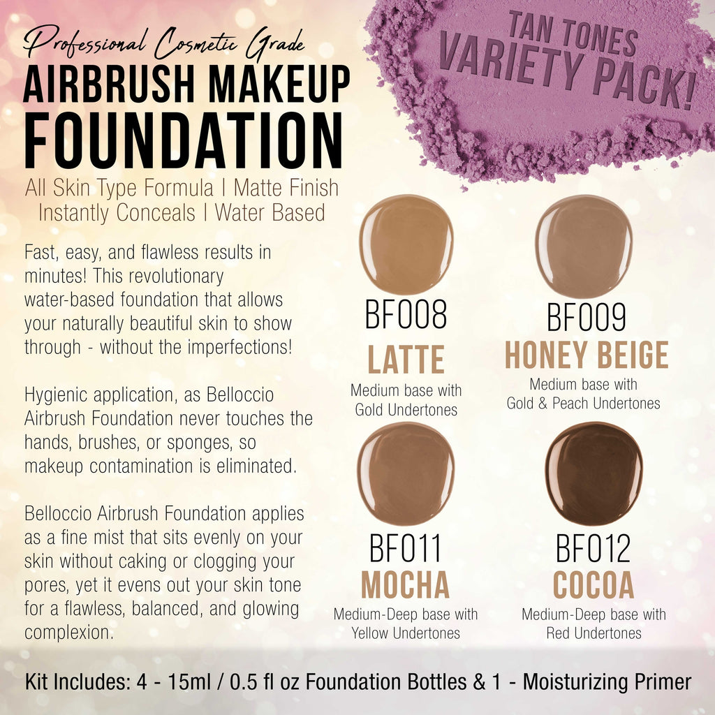 Airbrush Foundation Set for Tan Skin Tones – 4 1/2 oz Foundations + Anti-Aging Primer & Sunless Tanner