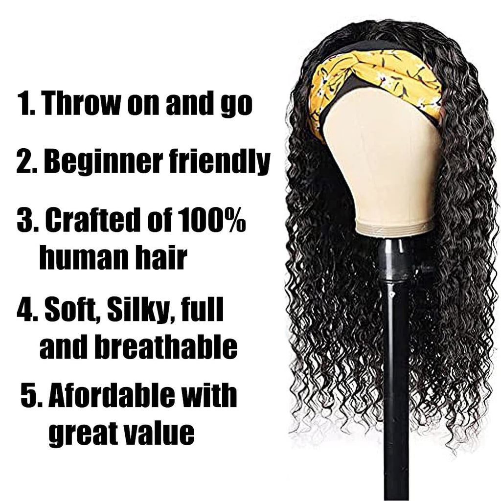 Curly Human Hair Headband Wig 14 Inches Deep Wave Wigs for Women