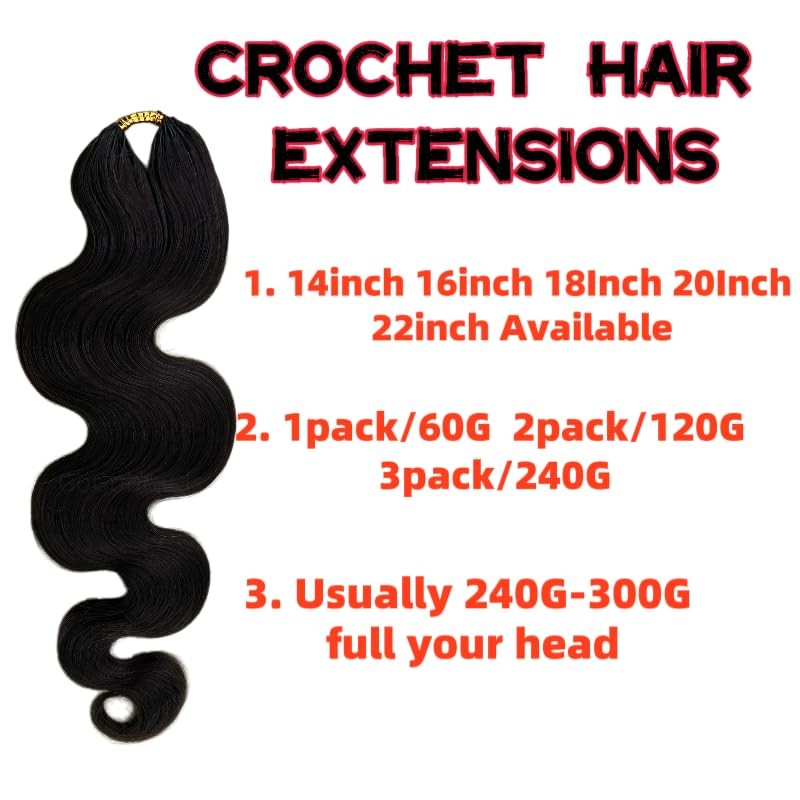 16-Inch Human Hair Body Wave Crochet Extensions - Knotless Pre-Separated 60g