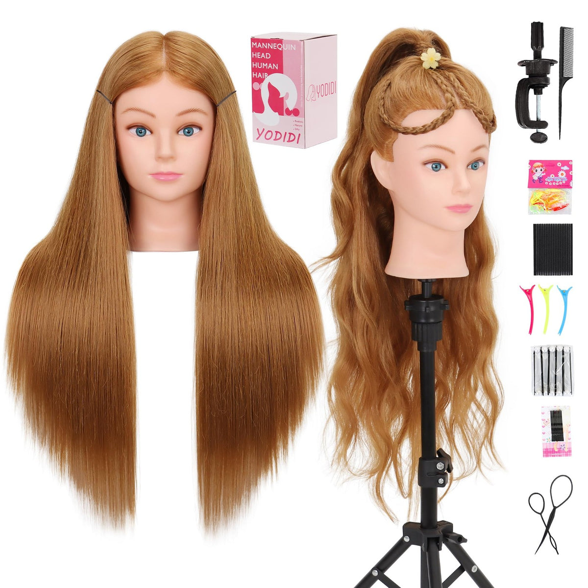 Human Hair Mannequin Head for Cosmetology & Hair Styling - 26-28 Inches, Brown/Blonde