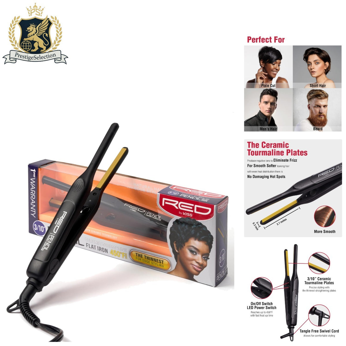 0.3 Inch Tourmaline Flat Iron for Short Hair - 450°F Adjustable Temperature