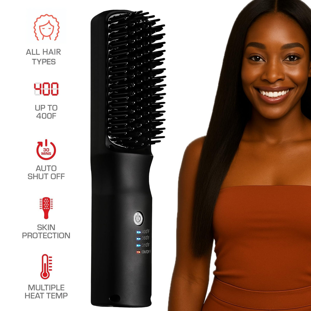 Ionic Hair Straightener Brush with Ceramic Coating, Adjustable Temp - Red