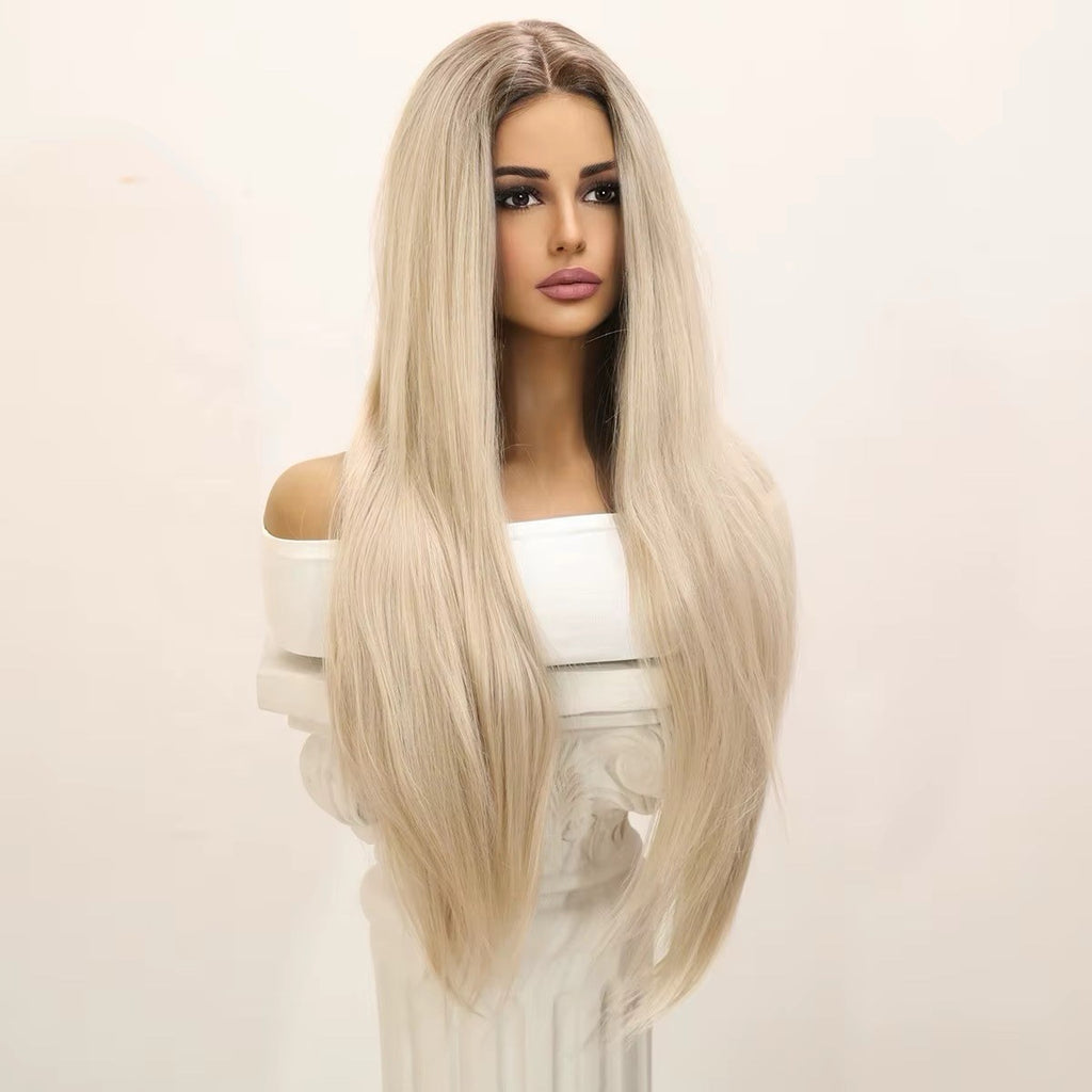 Women's 34-Inch Straight Blonde Wig with Dark Brown Roots Costume Hair Extension