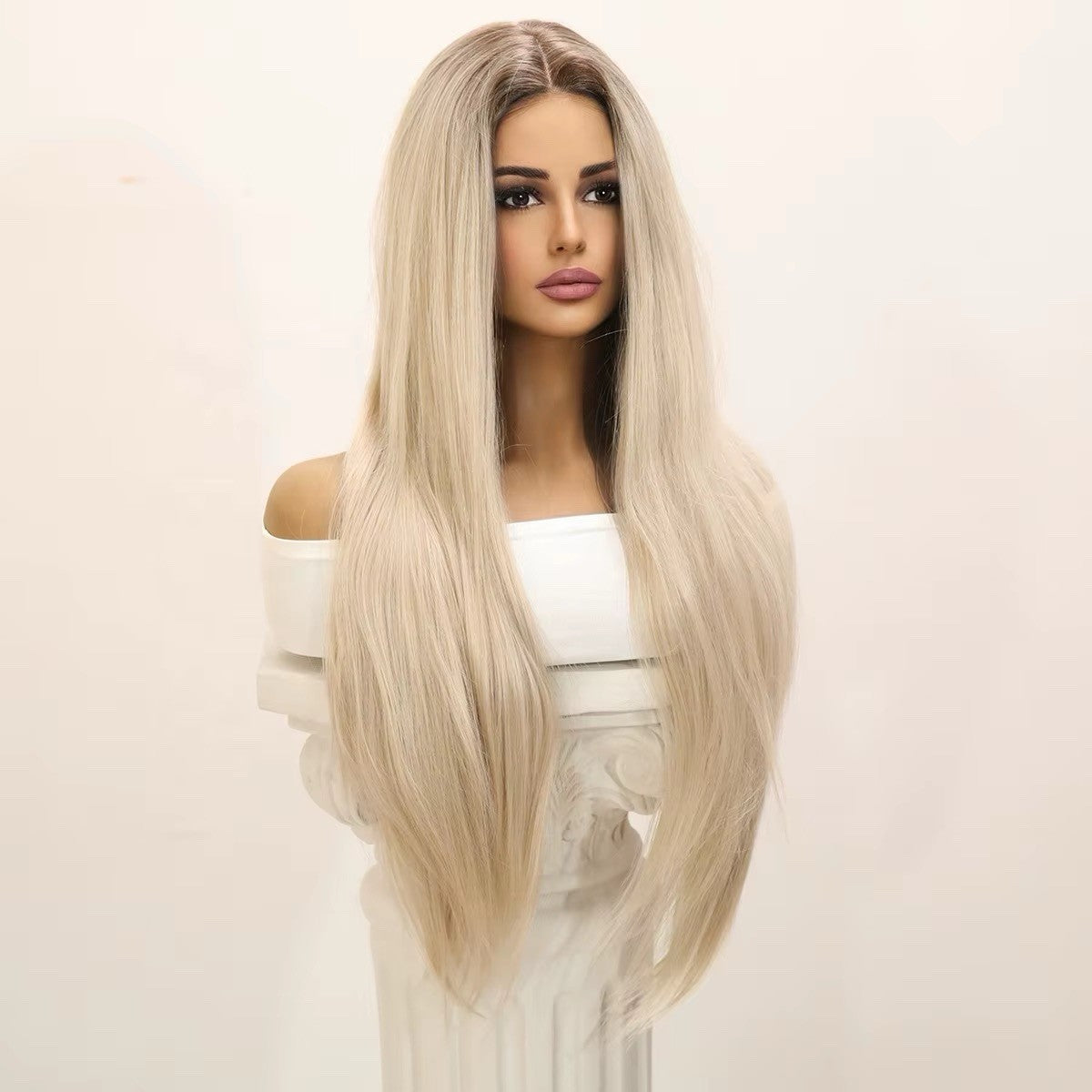 Women's 34-Inch Straight Blonde Wig with Dark Brown Roots Costume Hair Extension