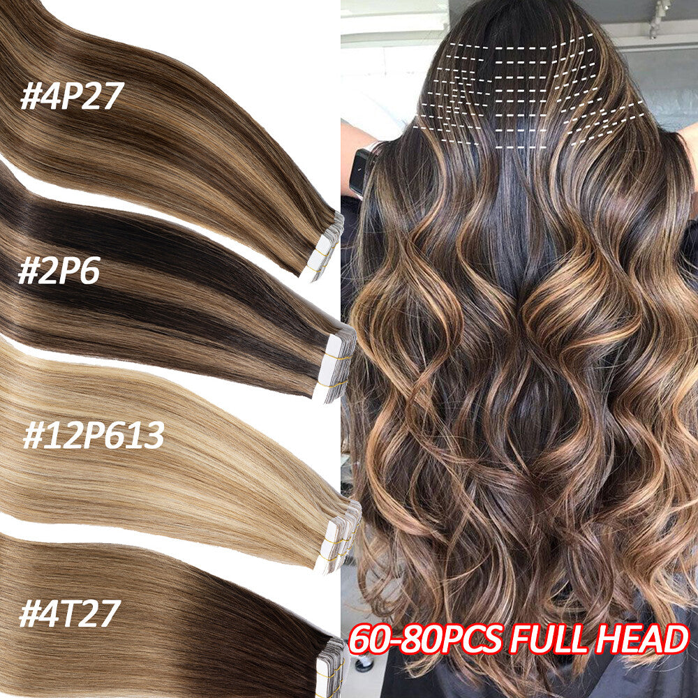 Russian Tape-In Human Hair Extensions - Thick Remy Hair, Multiple Colors & Lengths