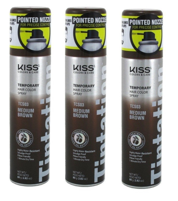 Kiss Tintation Temporary Hair Color Spray Medium Brown 2.82oz Pack of 3