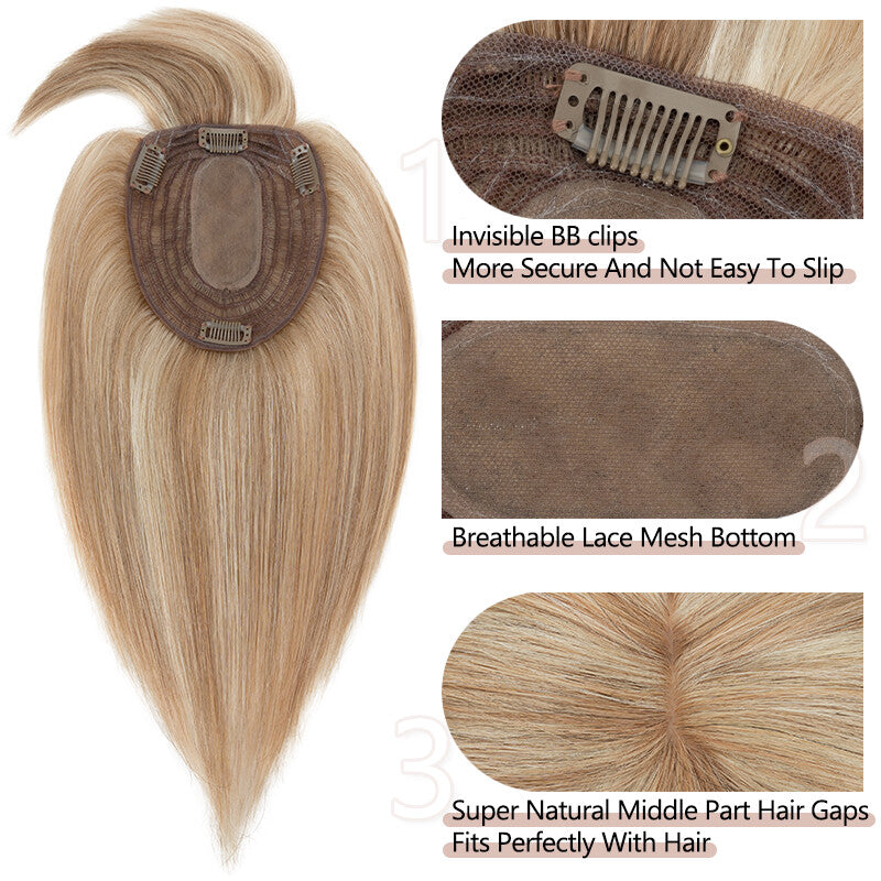 Remy Human Hair Topper Clip-In Hairpiece with Silk Base and Bangs - Multiple Sizes & Colors