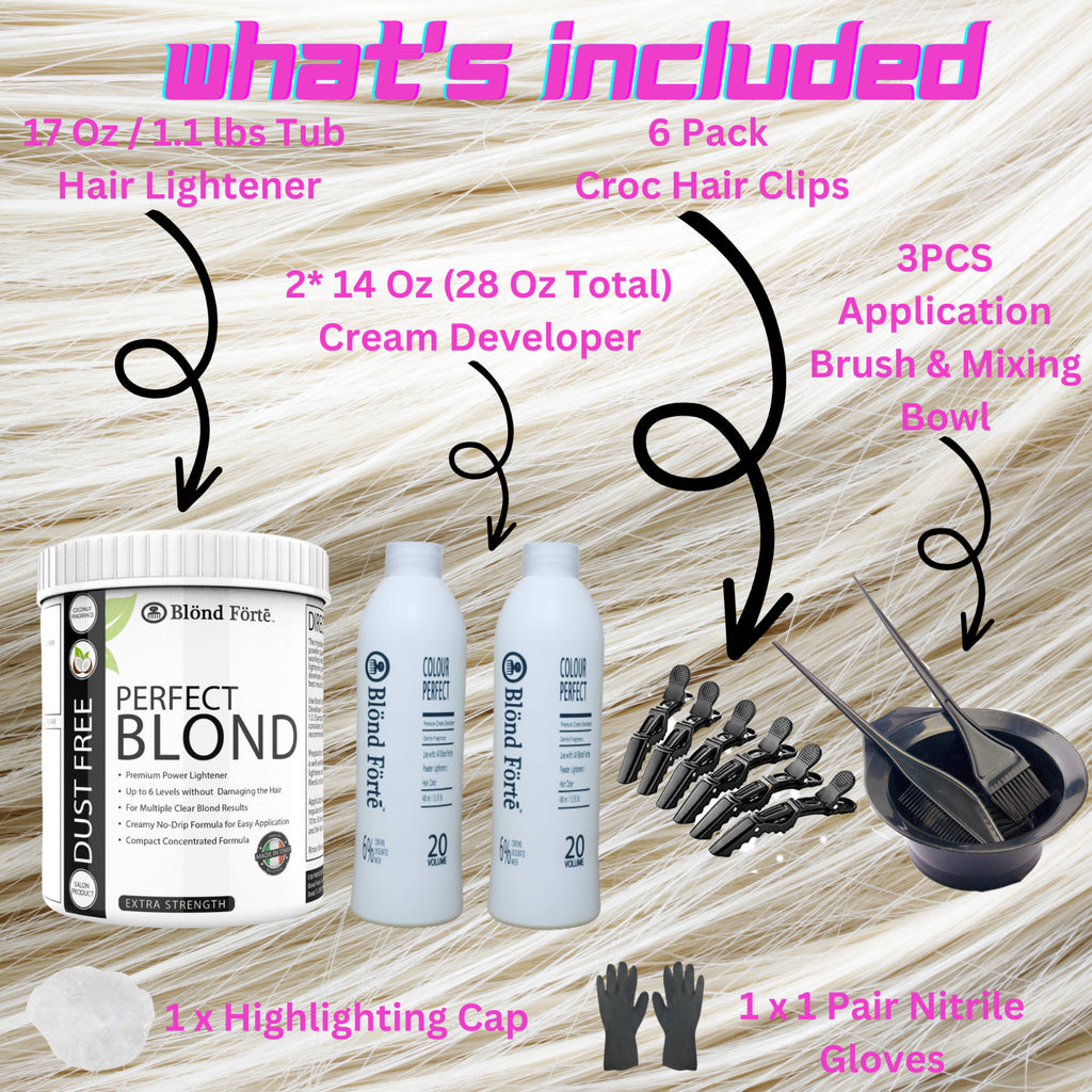 Professional Hair Lightening Kit with Developer & Accessories - Dust-Free Blue Bleach