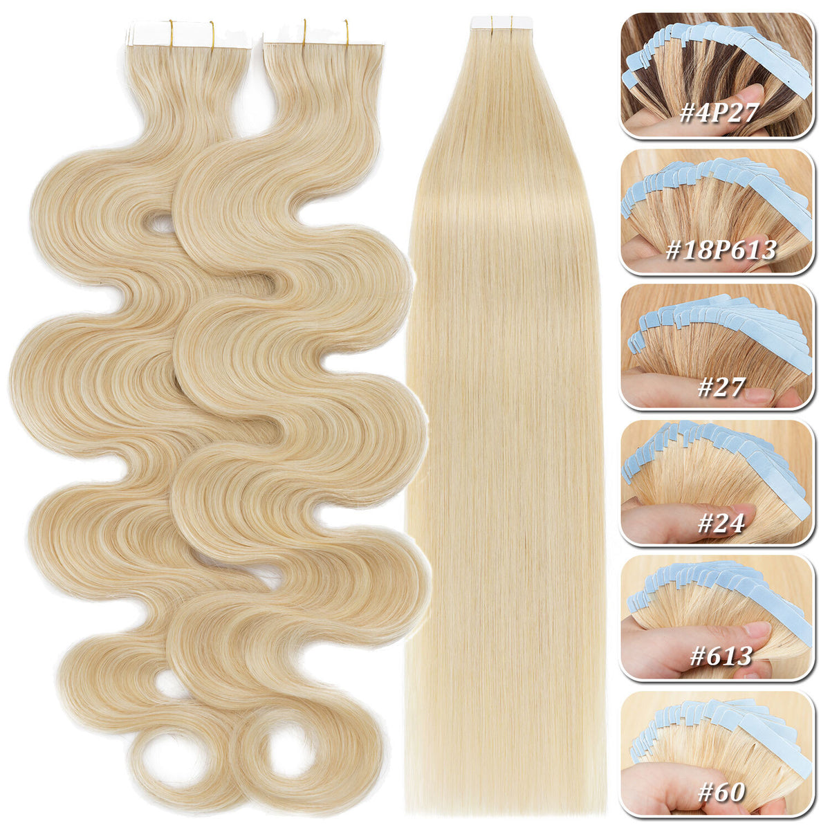Remy Human Hair Tape-In Extensions Wavy Full Head 200g 80pcs - Multiple Colors & Lengths