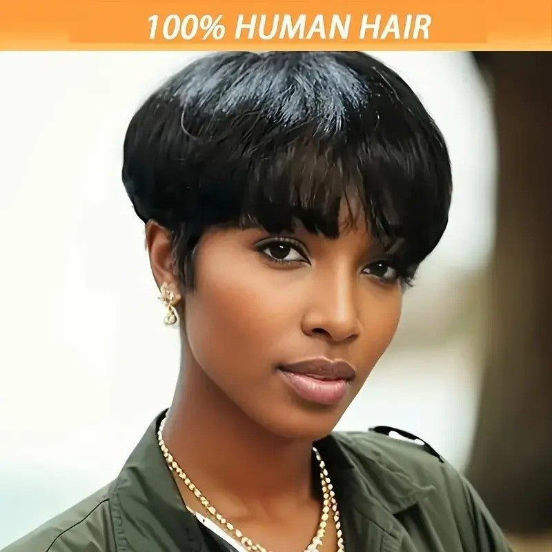 Short Bob Human Hair Wig with Bangs - 6 Inch Straight Pixie Style, Natural Color