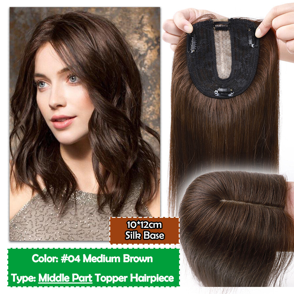 Human Hair Topper with Bangs Clip-In Remy Hairpiece for Thinning Hair