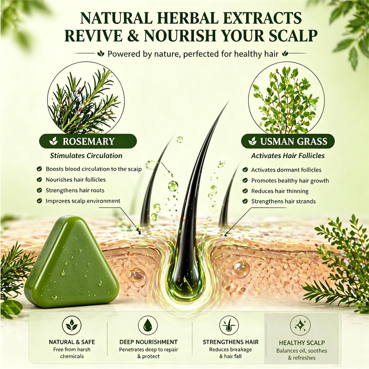 Korean Rosemary Hair Growth Shampoo Bar for Damaged & Fine Hair - 2-in-1 Nourishing Scalp Care