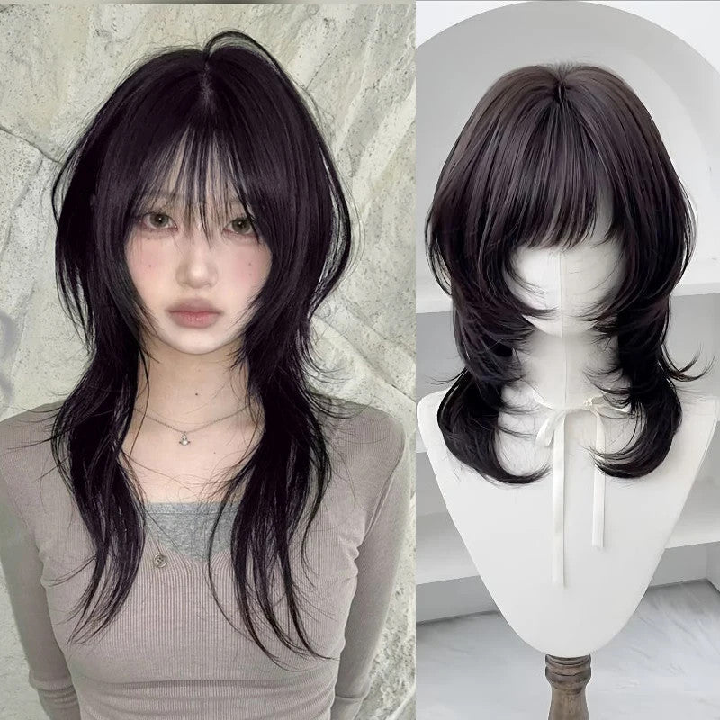 18 Inch Black Synthetic Wolf Cut Wig with Bangs for Daily & Party Looks