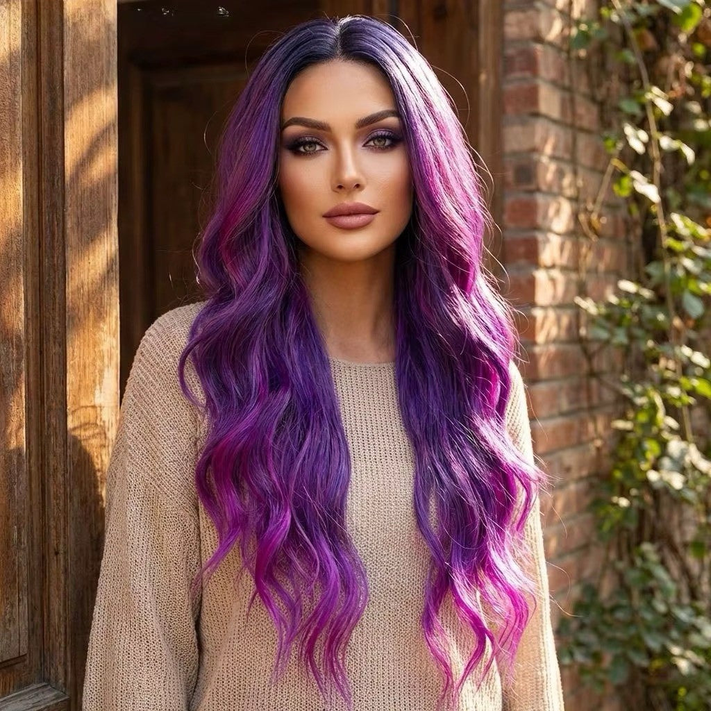 Purple Grape Ombre Wig 28 Inch Dark Roots Halloween Cosplay Costume