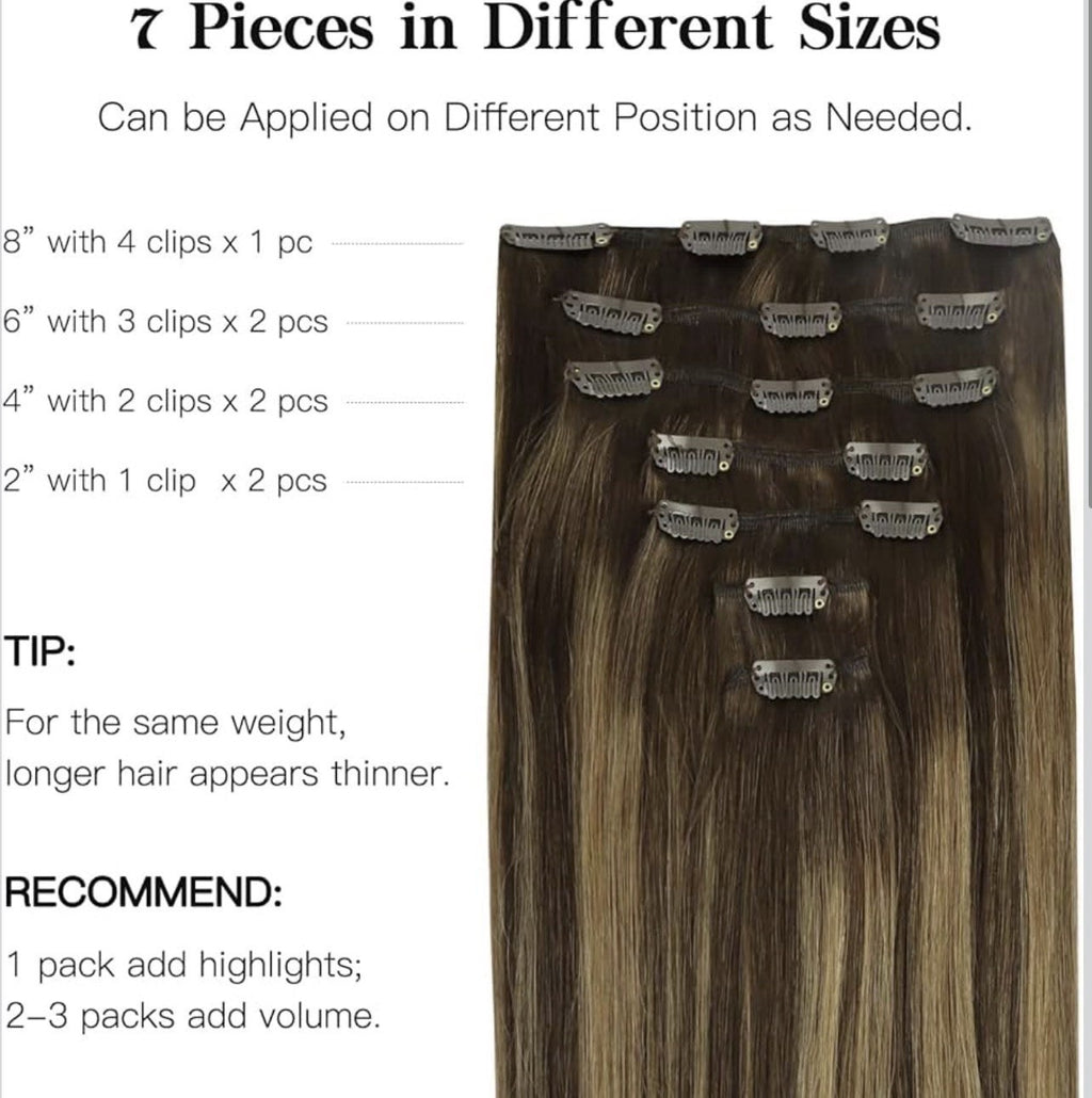 Balayage Human Hair Extensions 18 Inch Clip-In Natural Black to Blonde 7 Pack