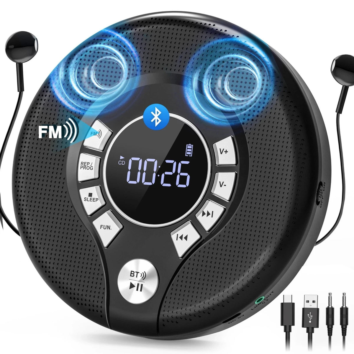 Portable Bluetooth CD Player with 2000mAh Rechargeable Battery