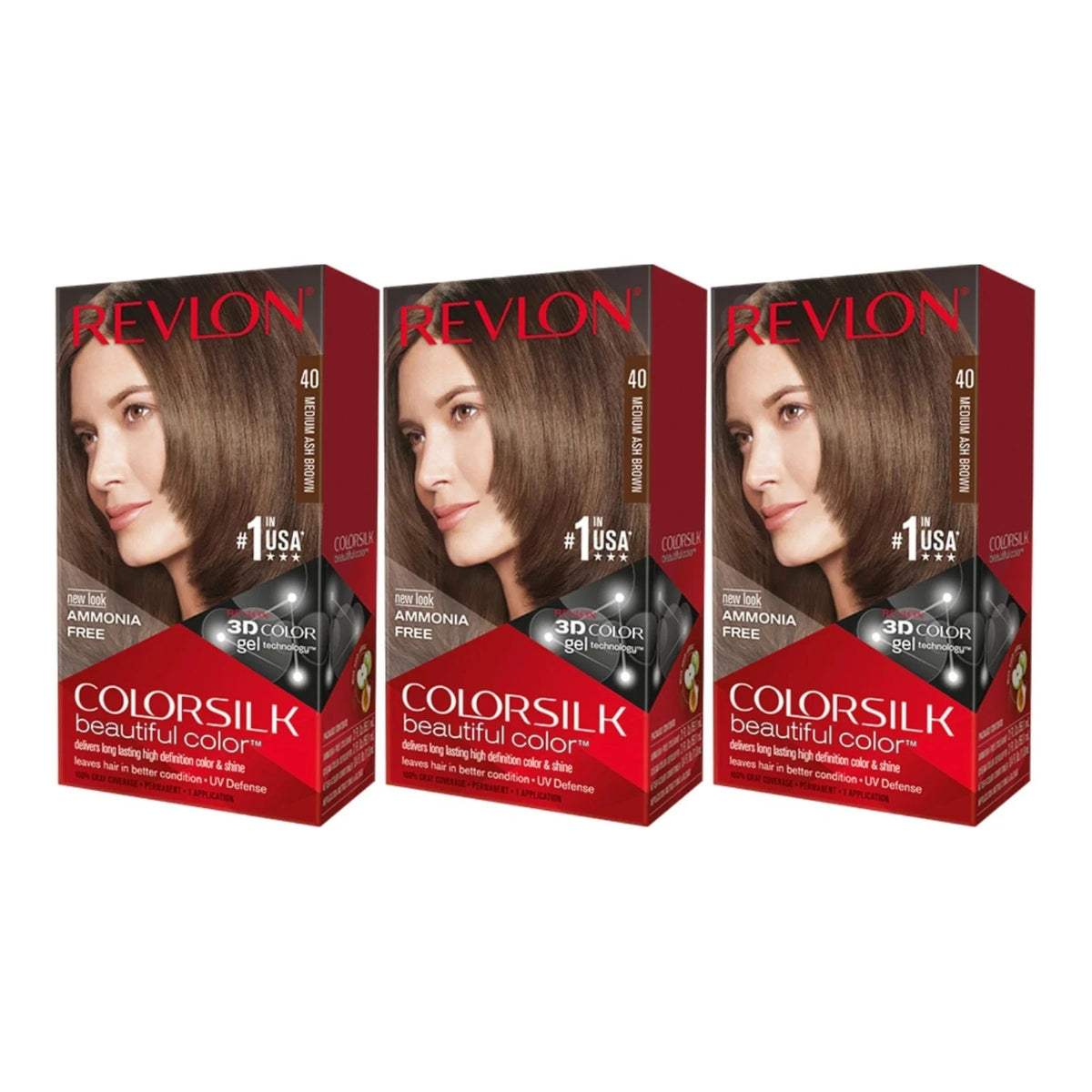 Revlon ColorSilk Permanent Hair Color #40 Medium Ash Brown Pack of 3