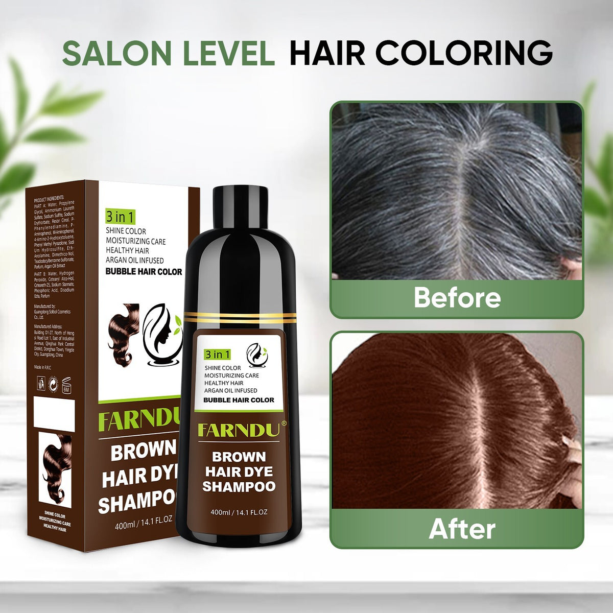 Brown Hair Dye Shampoo 3-in-1 Natural Herbal Hair Color for Gray Hair