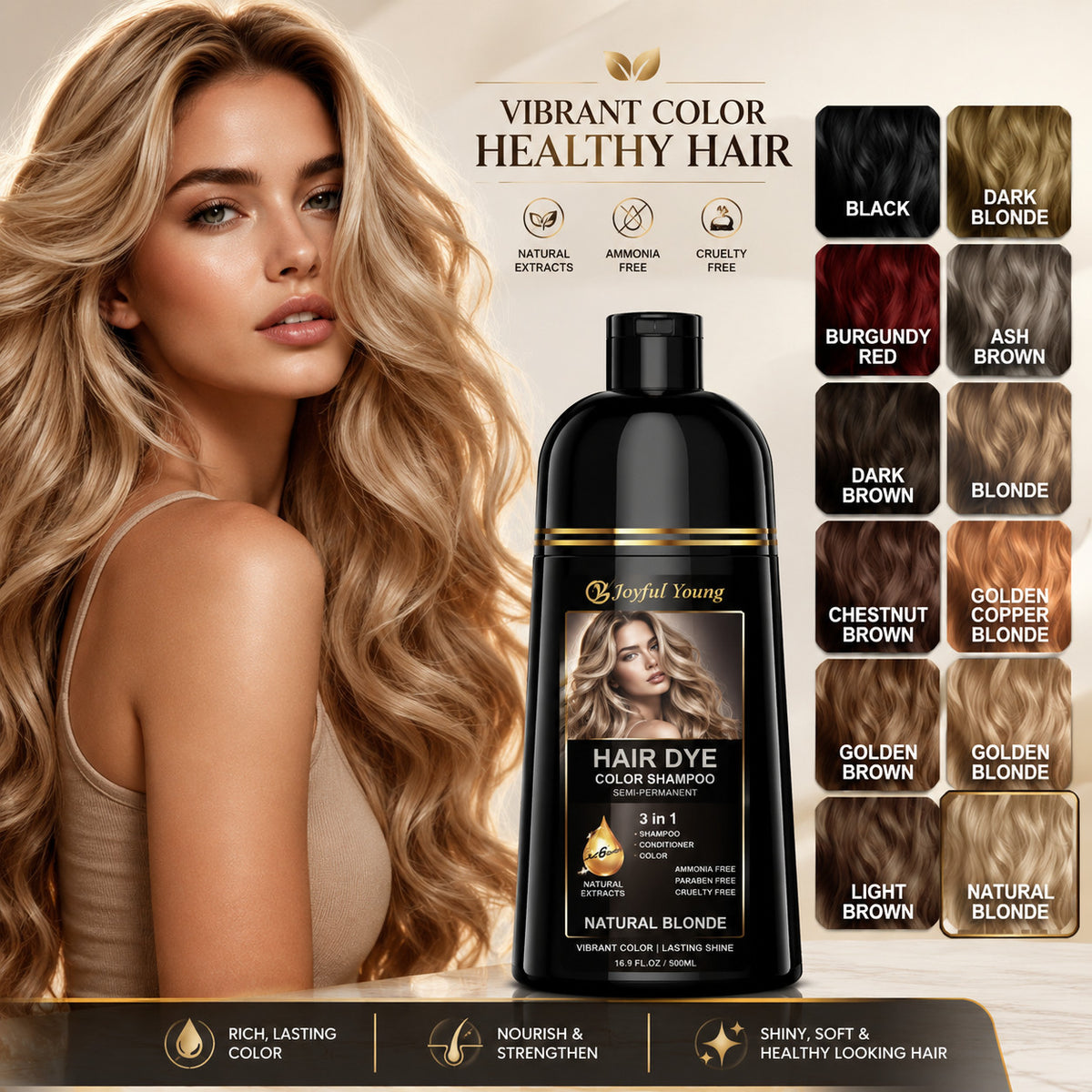 Herbal 3-in-1 Hair Dye Shampoo Ammonia-Free Natural Hair Color | Long-Lasting & Gentle