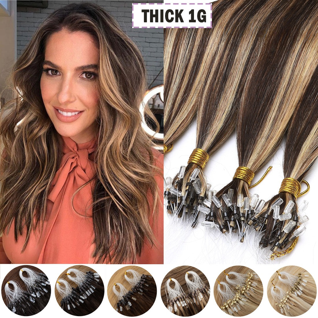 150g Thick Micro Ring Human Hair Extensions with Beads - Ombre